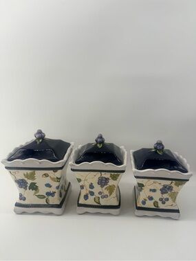 Decorative Blue Grape Ceramic Canister with Lid - Set of 3